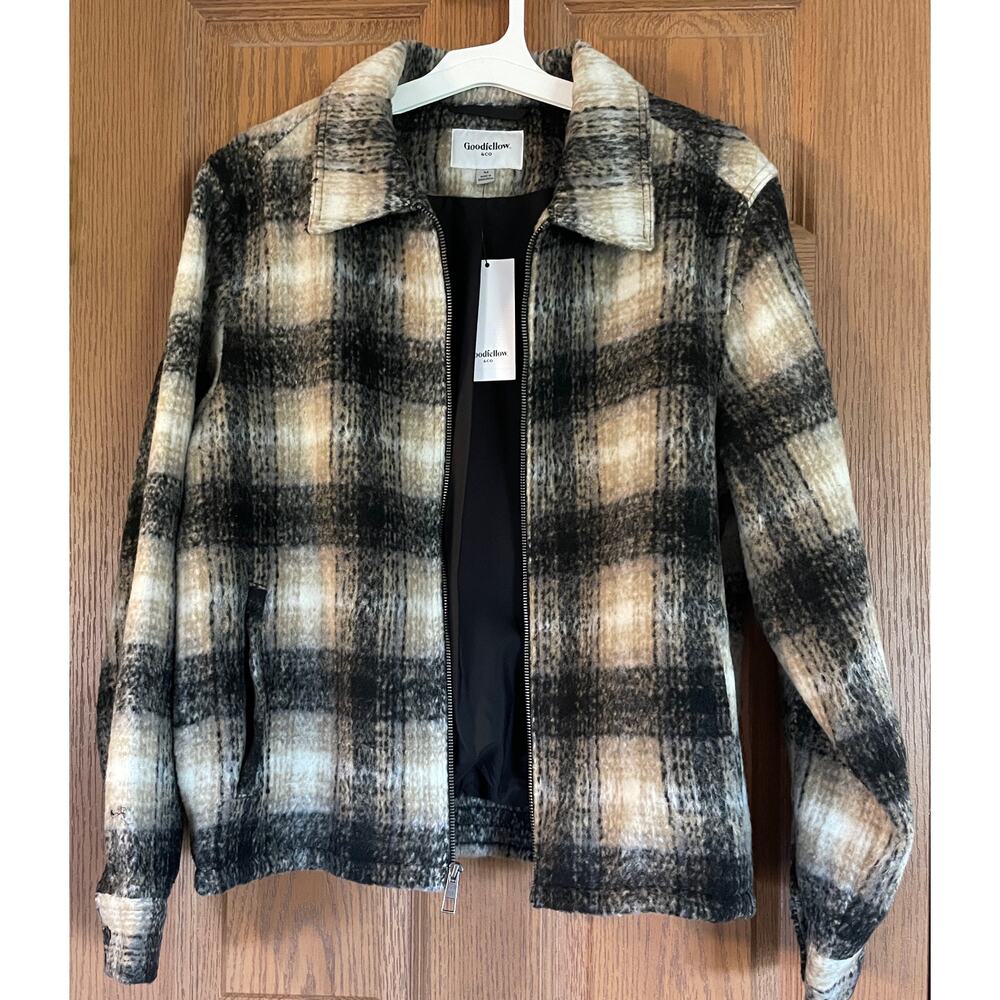 NWT Goodfellow Zip Front Size Medium Plaid Jacket w/pockets PTP 23” Length 26”